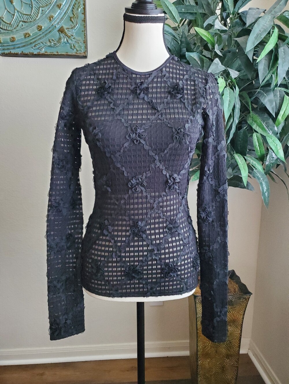 Amanda Uprichard Drea Top Black Floral/ Lace/Mesh Long-Sleeve Top XS
